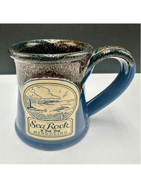 Deneen Pottery Sea Rock Inn Mendocino California Hand Thrown Mug Blue 16 oz SEE